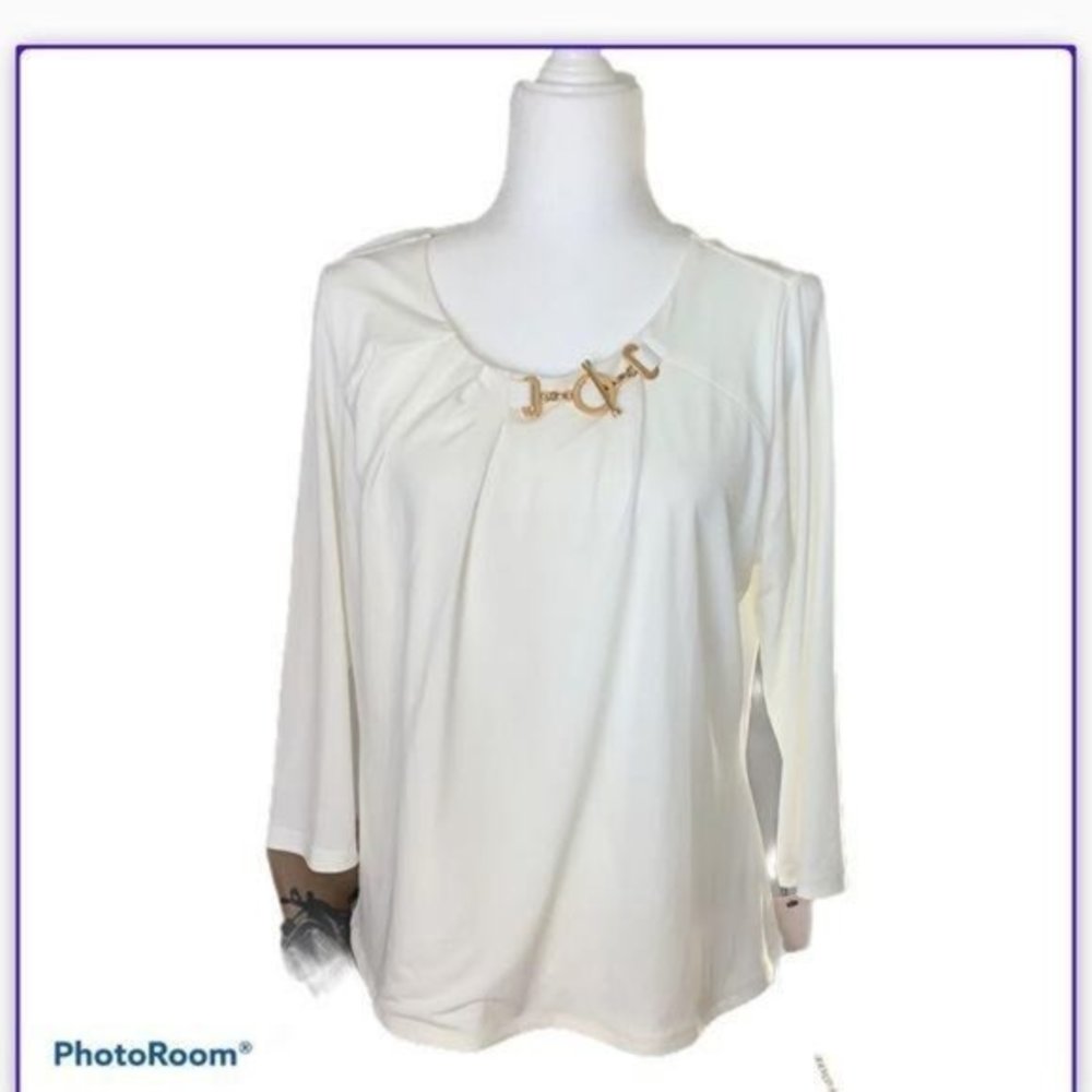 Ivanka Trump ivory gold neck detail top